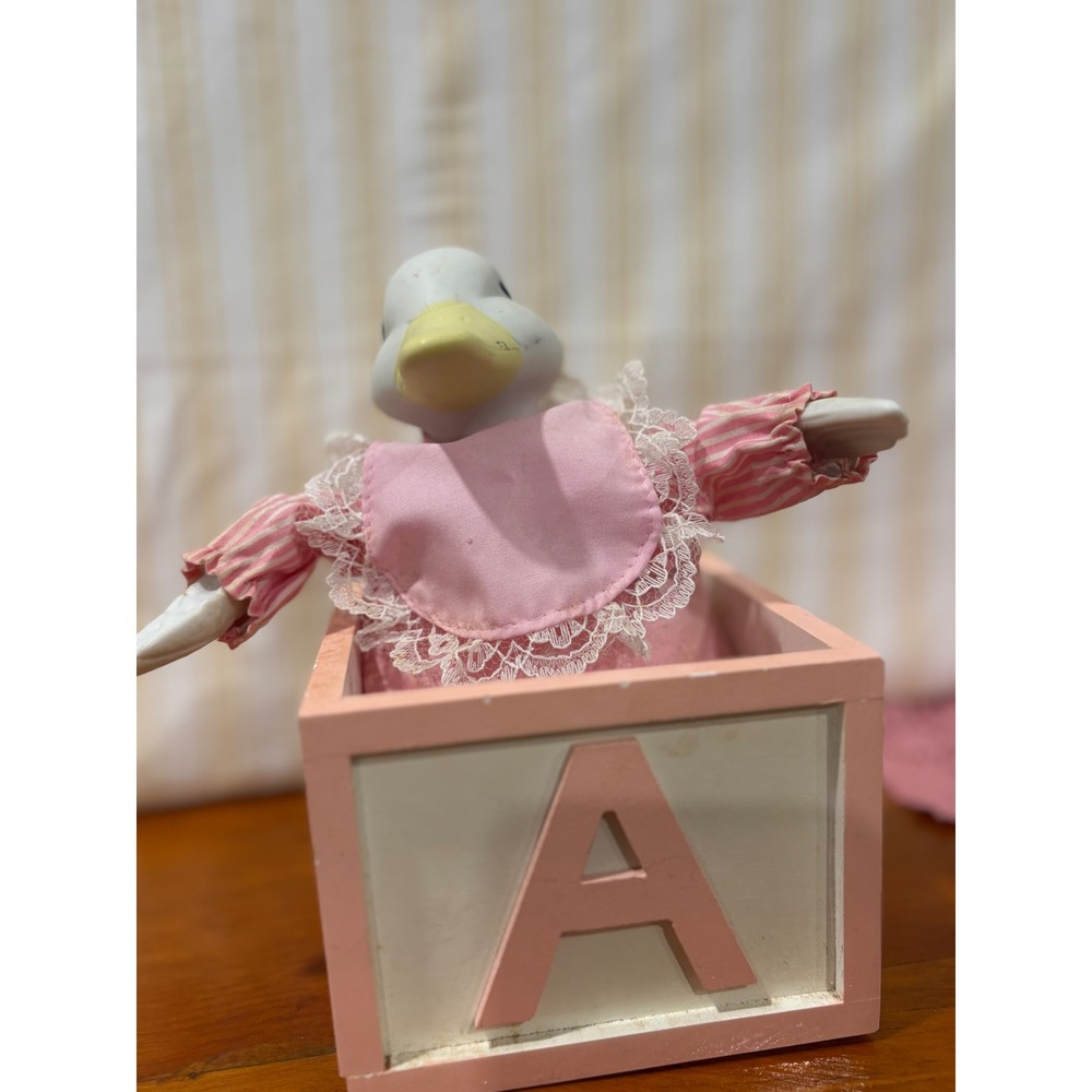 Vintage Musical Duck Jack In The Box Porcelain Head Pink Nursery Alphabet Block